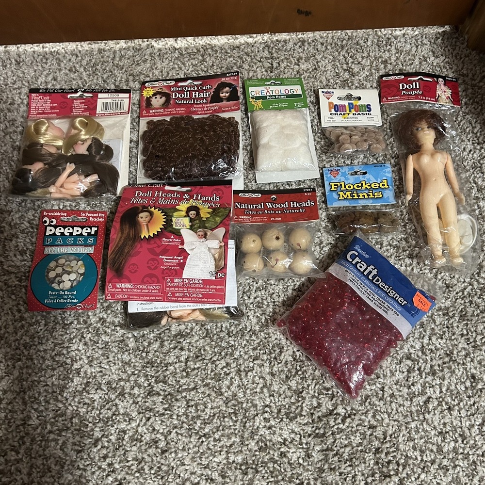 Vintage Lot of Crafts: Doll, Beads, Pompoms, Doll Hair, Eyes NEW original packs